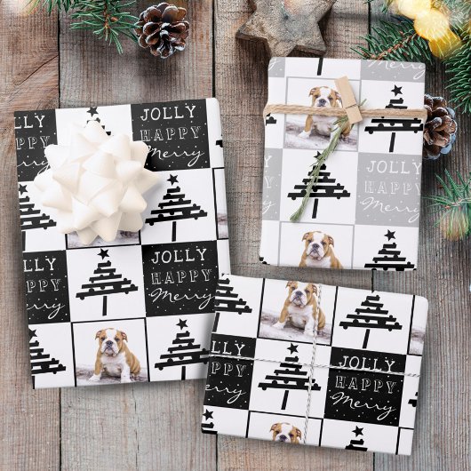 かわいい犬の子犬ペットの写真 黒いクリスマスツリー ラッピングペーパーシート