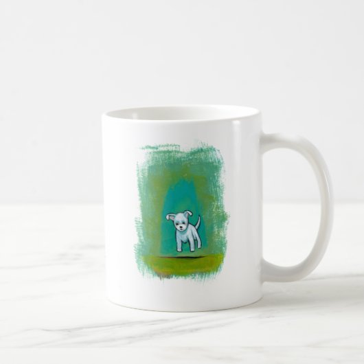 かわいい犬の小さく白い子犬の浮遊おもしろいの幸せな芸術 コーヒーマグカップ (右)