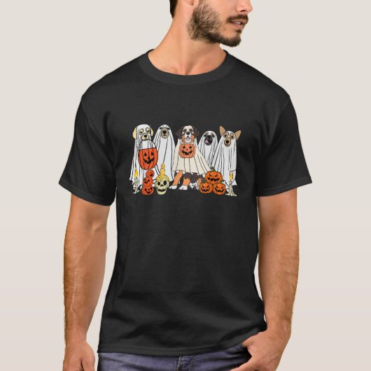 かわいい犬の幽霊、ハロウィンのおもしろい犬の衣装 Tシャツ (正面)