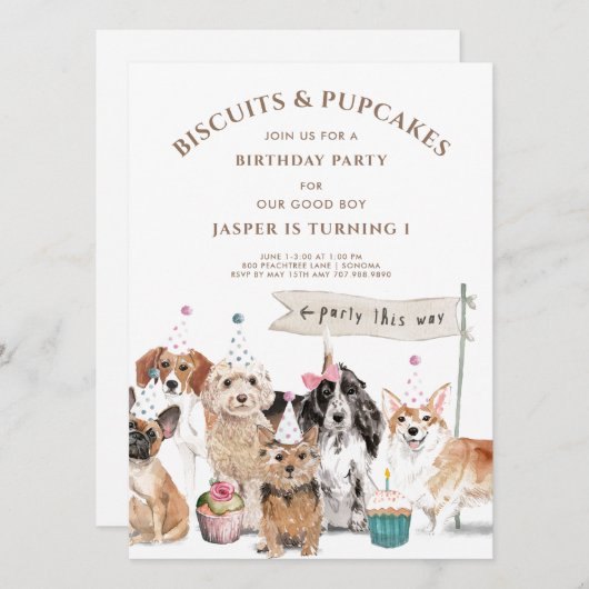 かわいい犬の最初の誕生日パーティー 招待状 (正面/裏面)