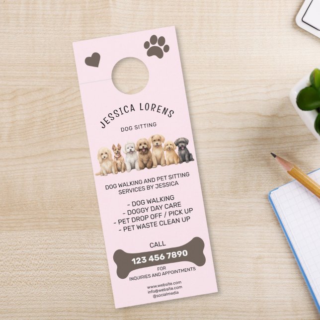 かわいい犬の歩くペット子犬の座りサービス ドアノブサイン (cute dogs on pink background door hanger for dog walking, pet sitting or vet)