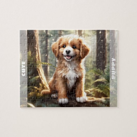 かわいい犬の水の色の子犬の森名前をカスタムする ジグソーパズル (横)