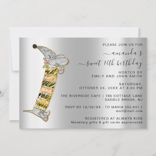 かわいい犬の甘い16th誕生日パーティシルバーグレイ 招待状 (正面)