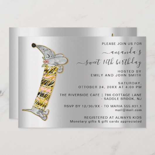 かわいい犬の甘い16th誕生日パーティシルバーグレイ 招待状 (正面/裏面)