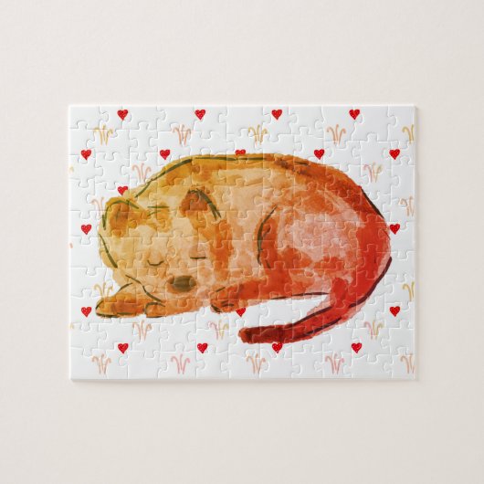 かわいい犬の眠るハート水色 ジグソーパズル (横)