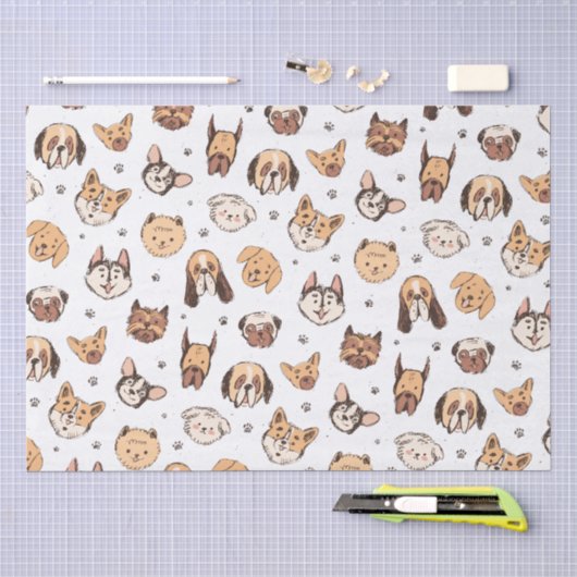かわいい犬の種類のパターン  薄葉紙 (クラフト)