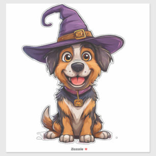 かわいい犬の紫の魔法使いの帽子のハロウィンのギフト シール