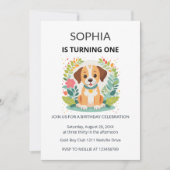かわいい犬の花の子供の1歳の誕生日 招待状 (正面)