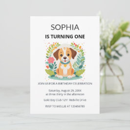 かわいい犬の花の子供の1歳の誕生日 招待状