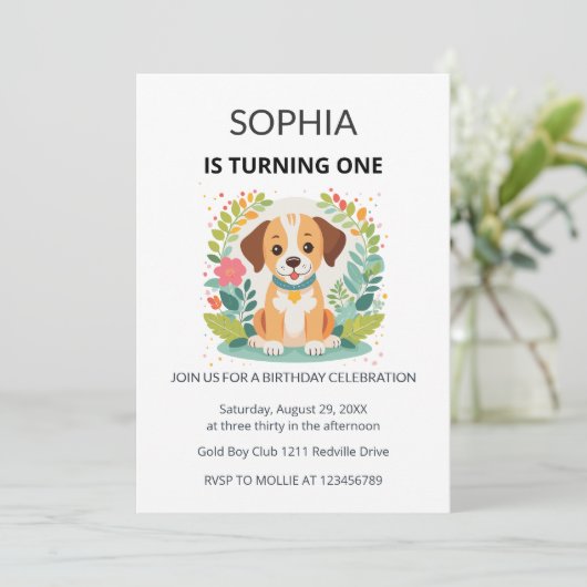 かわいい犬の花の子供の1歳の誕生日 招待状 (スタンド正面)