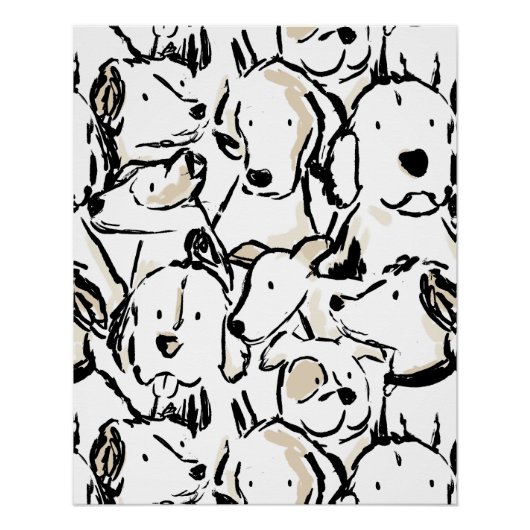 かわいい犬の落書きペットスケッチ - 黒と白の子犬 ポスター (正面)
