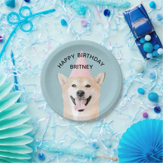 かわいい犬の誕生日かわいい笑顔の渋犬ブルー ペーパープレート (パーティー)