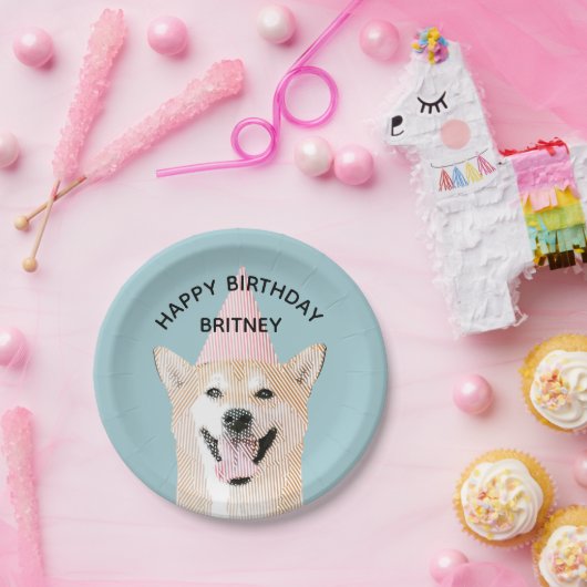 かわいい犬の誕生日かわいい笑顔の渋犬ブルー ペーパープレート (パーティー)