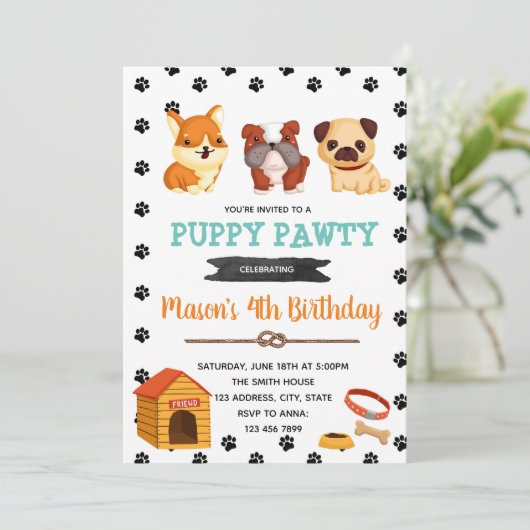 かわいい犬の誕生日テーマの招待 招待状 (スタンド正面)