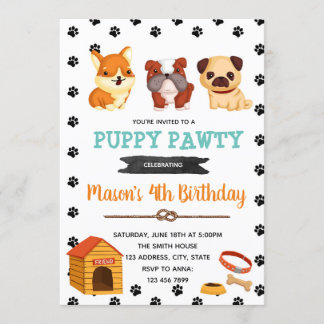 かわいい犬の誕生日テーマの招待 招待状
