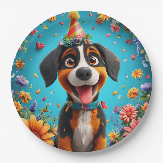 かわいい犬の誕生日パーティーお祝い楽しいスタイル 🎉 ペーパープレート (正面)