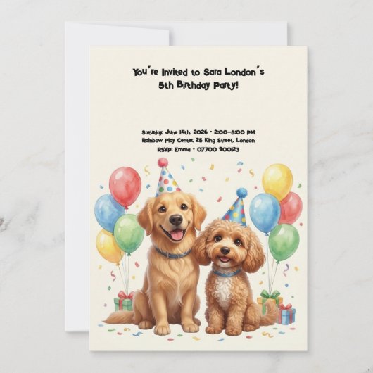 かわいい犬の誕生日パーティー 招待状 (正面)