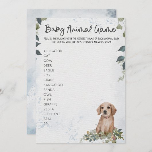 かわいい犬の赤ちゃんシャワー動物ゲーム 招待状 (正面/裏面)