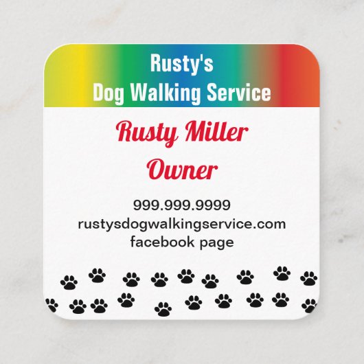 かわいい犬の足および骨ペットサービス虹色 スクエア名刺 (裏面)