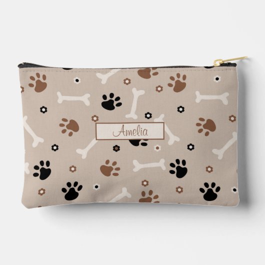 かわいい犬の足と骨のパターンと名前をカスタムする アクセサリーポーチ (裏面)