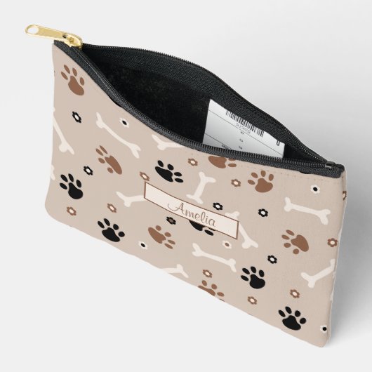 かわいい犬の足と骨のパターンと名前をカスタムする アクセサリーポーチ (見開き)