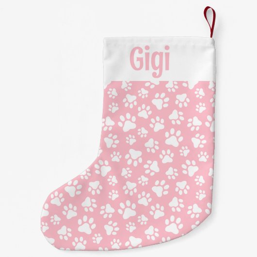 かわいい犬の足のパターン白とパステルピンク スモールクリスマスストッキング (裏面)