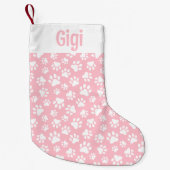 かわいい犬の足のパターン白とパステルピンク スモールクリスマスストッキング (正面)