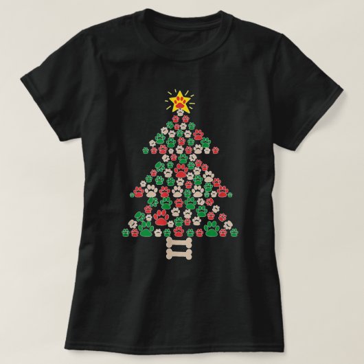 かわいい犬の足のプリントクリスマスツリーポープリントスター Tシャツ (デザイン正面)