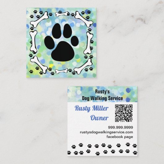 かわいい犬の足の骨ペットサービスQR スクエア名刺 (正面/裏面)