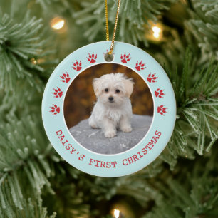かわいい犬の足跡 フォトフレーム クリスマス セラミックオーナメント