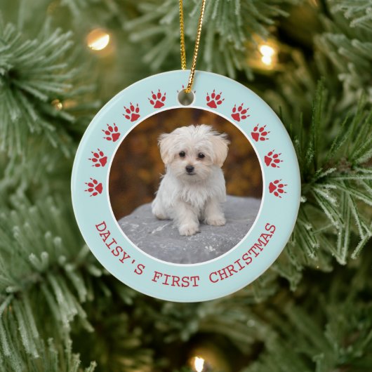 かわいい犬の足跡 フォトフレーム クリスマス セラミックオーナメント (ツリー)