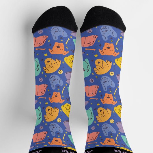 かわいい犬の顔ドードルパターンレトロ子犬の恋人 ソックス (上部)