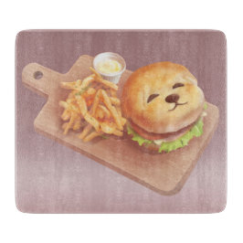 かわいい犬の顔バーガーとフライドポテト カッティングボード