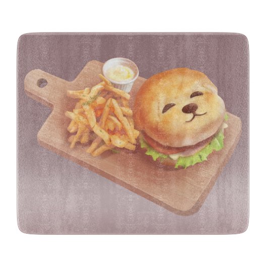 かわいい犬の顔バーガーとフライドポテト カッティングボード (正面)