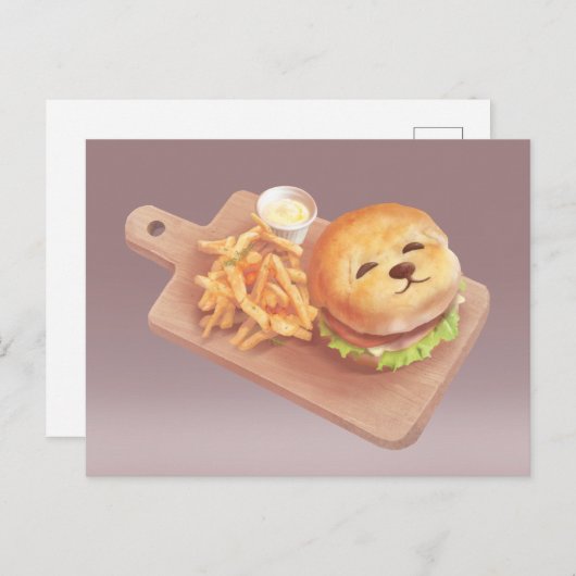 かわいい犬の顔バーガーとフライドポテト 案内ポストカード (正面/裏面)