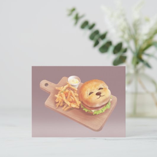 かわいい犬の顔バーガーとフライドポテト 案内ポストカード (スタンド正面)