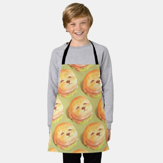 かわいい犬の顔バーガーパターン エプロン (着用した状態)