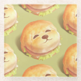 かわいい犬の顔バーガーパターン ガラスコースター