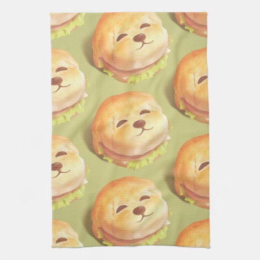 かわいい犬の顔バーガーパターン キッチンタオル (縦)