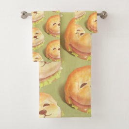 かわいい犬の顔バーガーパターン バスタオルセット