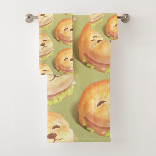 かわいい犬の顔バーガーパターン バスタオルセット (インサイチュ)