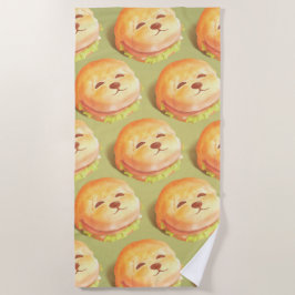 かわいい犬の顔バーガーパターン ビーチタオル