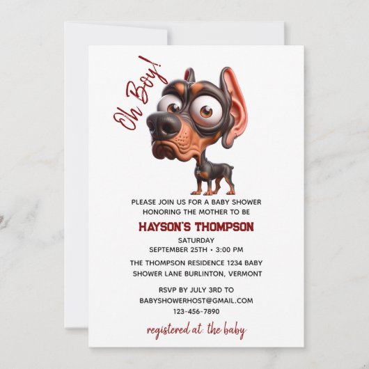 かわいい犬の風刺し男の子のためのベビーシャワー 招待状 (正面)