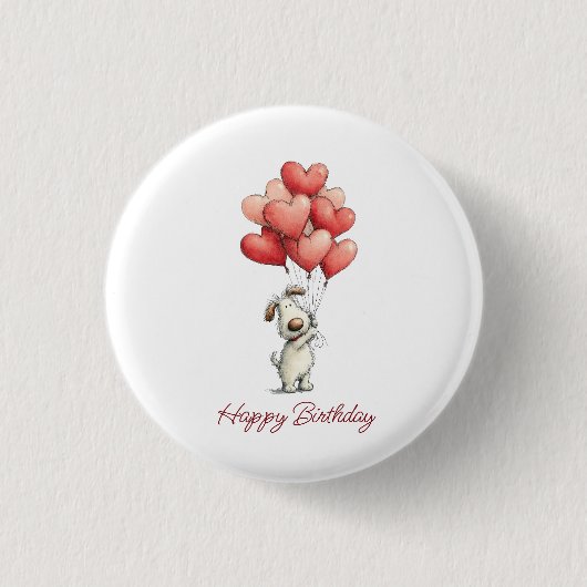 かわいい犬の風船 お誕生日おめでとう 缶バッジ (正面)