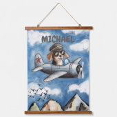 かわいい犬の飛行機、雲の山々、カスタム飛行士 吊り下げ型タペストリー (正面)