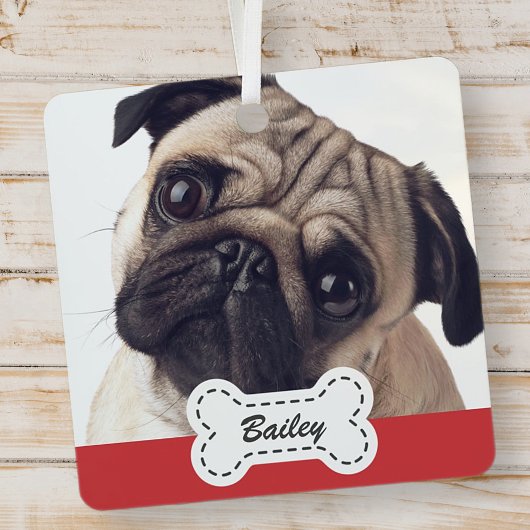 かわいい犬の骨にペットの写真を追加 メタルオーナメント