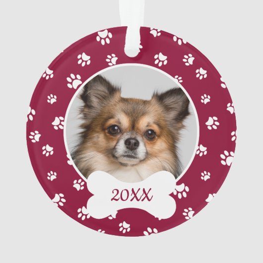 かわいい犬の骨の名前の年の手の赤と白プリント オーナメント (裏面)
