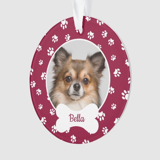かわいい犬の骨の名前の年の手の赤と白プリント オーナメント (正面)