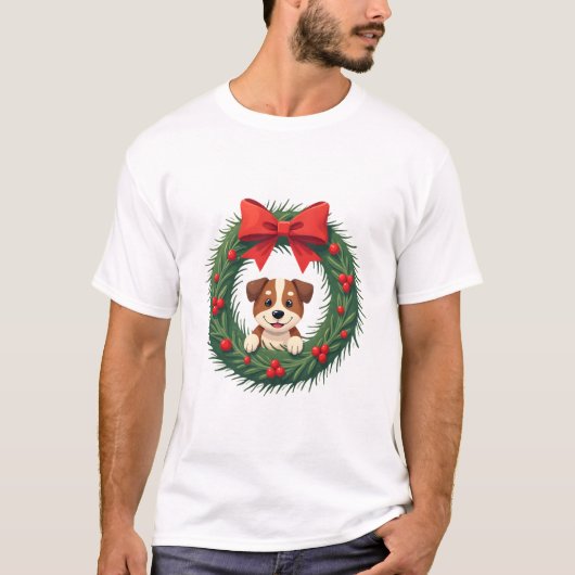 かわいい犬の鼻のクリスマスリース クリスマスの犬ママ Tシャツ (正面)