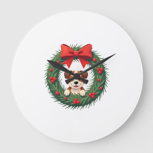 かわいい犬の鼻のクリスマスリース クリスマス犬ママ D ラージ壁時計 (正面)